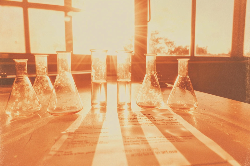 Lab bench with beakers and test tubes used for DIY sunscreen SPF lab testing