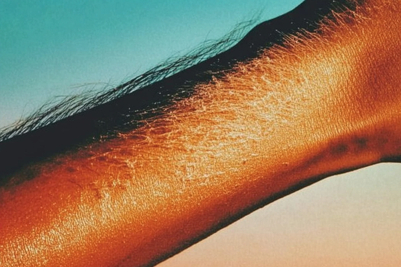 Close-up of forearm with body hair showing mineral sunscreen white cast coating individual hair strands