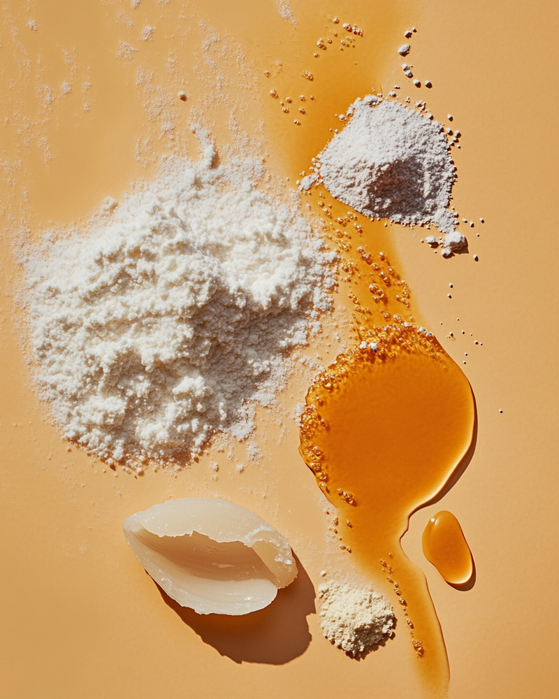 Minimal skincare flat lay showing five clean ingredients versus thirty-ingredient sunscreen formula