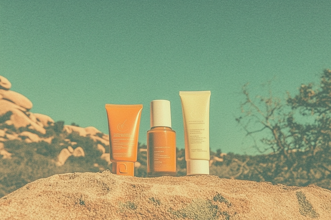 Three sunscreen containers - airless pump, squeeze tube, and bottle - on rocky outdoor surface