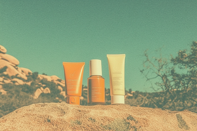 Three sunscreen containers - airless pump, squeeze tube, and bottle - on rocky outdoor surface