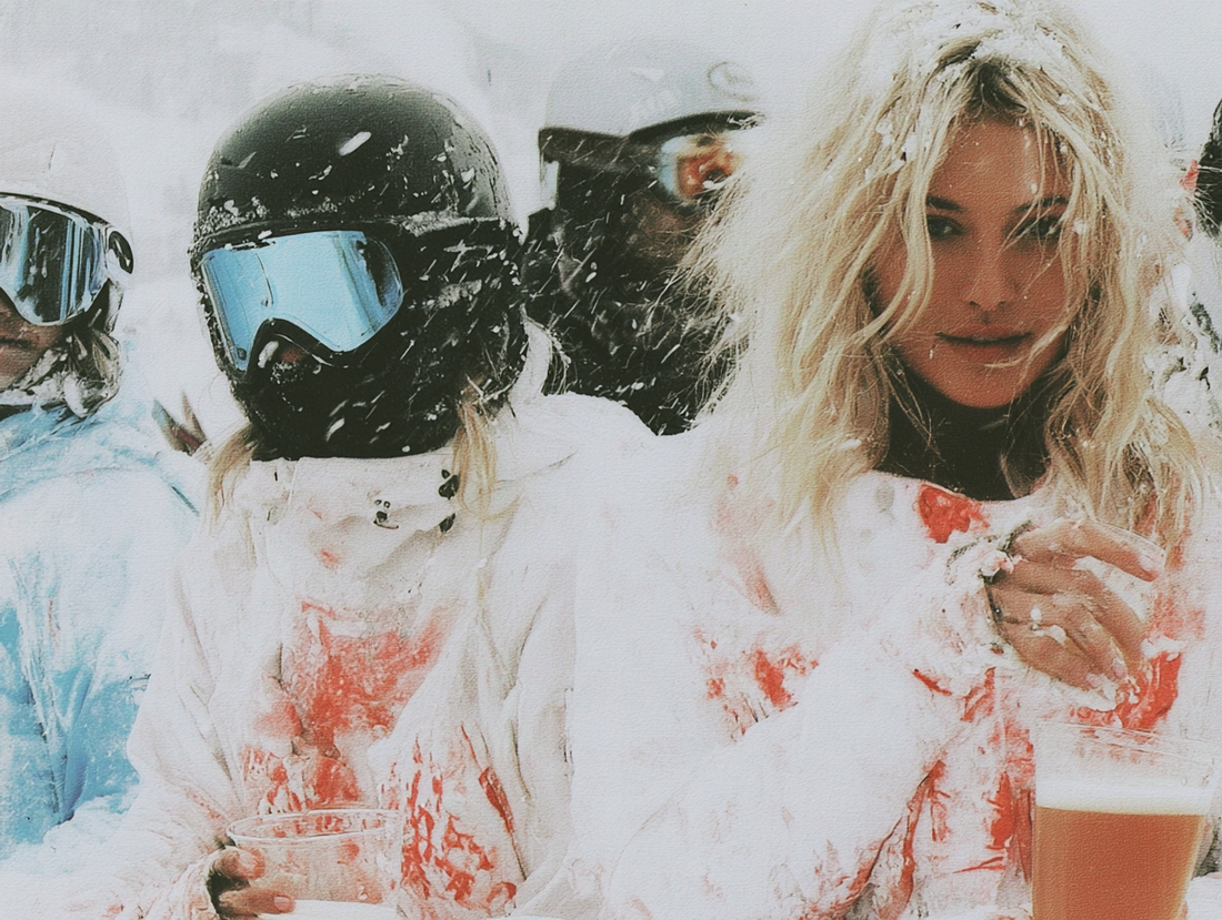 Friends in ski gear laughing together on the mountain