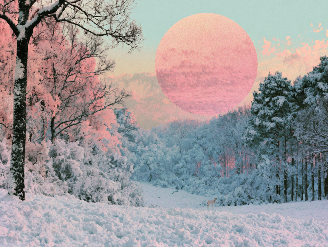 Snowy forest under a large pink winter sun