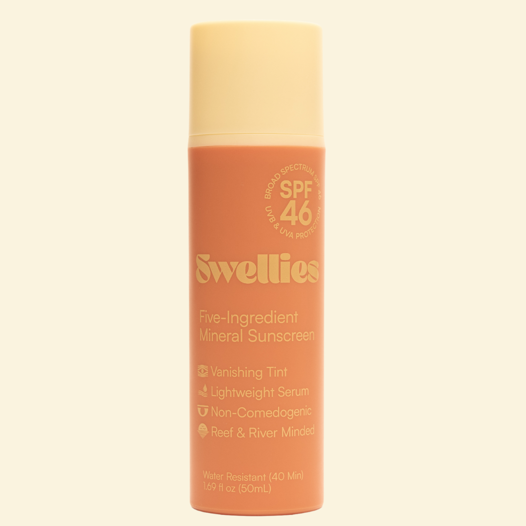 Swellies SPF 46 five-ingredient mineral sunscreen in a 50ml orange airless pump bottle